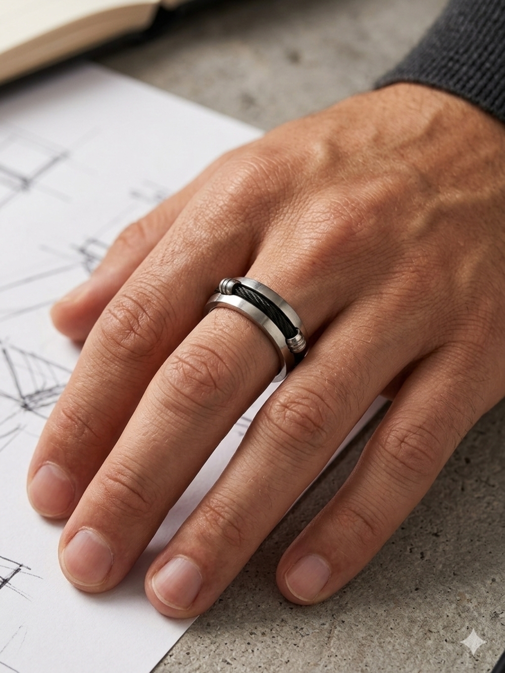 Band Ring Black Stainless Steel and Cable Men's
